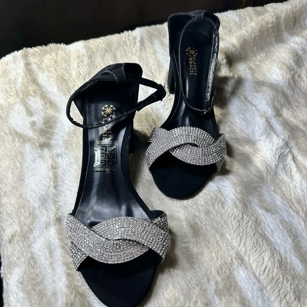 Planeta Brasil Women Black Rhinestone Block Heel Ankle Strap Sandals Size 37 6.5